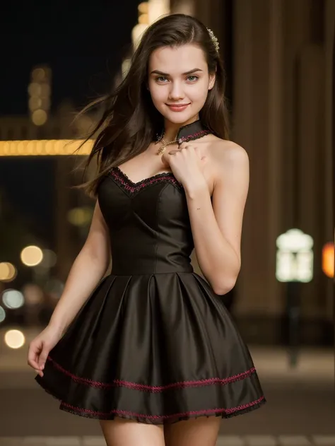 cinematic film still Photo of Georgia_Polina, 167 cm tall, slim body, smile, wearing (edgpreppy, ballgown, set of edgPreppy clothes), Stiletto Heels, (looking at viewer:1.1), <lora:backlight_slider_v10:1.2>, <lora:epiCRealismHelper:1>, <lora:skin_tone_slider_v1:-1>, empty street at night background, 8K, 16k, uhd, dslr, best quality, high quality, realistic, photo-realistic, ultra-detailed <lora:Georgia_Polina:1> <lora:edgPreppyGown:0.5> . shallow depth of field, vignette, highly detailed, high budget, bokeh, cinemascope, moody, epic, gorgeous, film grain, grainy
