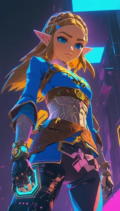 Zelda, (reimagined in a cyberpunk universe), (cyberpunk style), (cyberpunk), (cyberpunk outfit),  (punk hair), augmentation, cybernetics, glowing neon lights, cinematic scene, hero view, action pose, masterpiece, best quality, high quality, absurdres, vivid <lora:zelda_v0.0.1:1>, detailed skin texture, (blush:0.5), (goosebumps:0.5), subsurface scattering