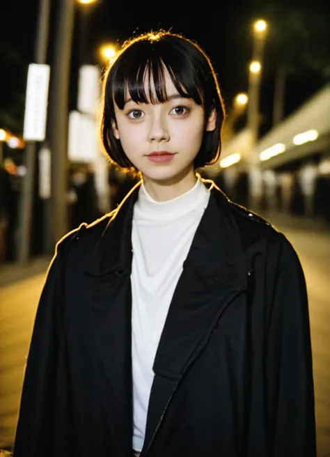 Mikasa,19 year old young woman , Best quality, High resolution, Short hair, Black eyes, look at the viewer, wearing a black shirt , railway ,beauty, Highest quality , high resolution