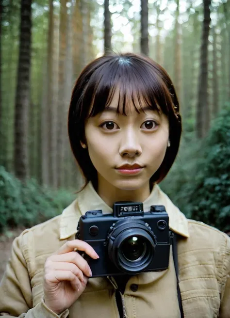 photo , realistic, irl, film grain analog photography,close -, asian female, serene expression, forest backdrop, bokeh effect, natural light, shallow depth field,  glancing camera, reflective mood, soft features, cool color palette<lora:RetouchPhoto_PonyV6_v1.1:1>