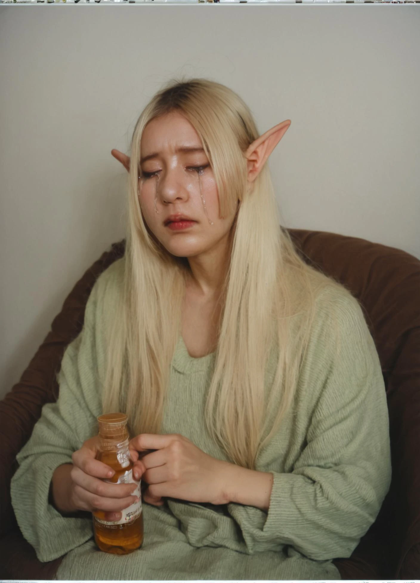 score_8_up BREAK realistic, photo , irl, vhs, analog photography, 1girl, solo, blonde, elf, adult, getting drunk, crying, tears, flustered, sitting, holding bottle, indoors, living room,, symmetrical<lora:RetouchPhoto_PonyV6_v3.1:1>