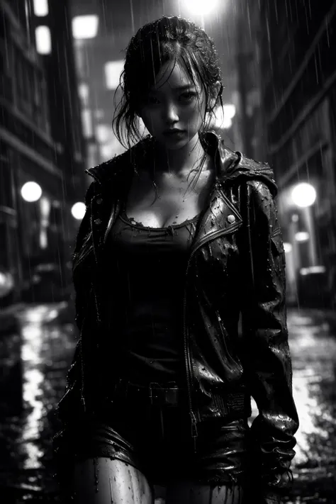 masterpiece, best quality, monochrome, abandon city, blurry, jacket, rain, wet, large breasts, looking at viewer, <lora:monochrome-000014:0.8>