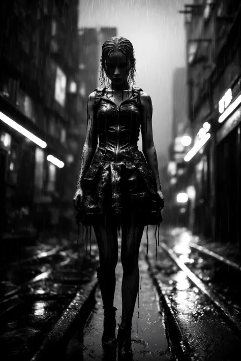 masterpiece, best quality, monochrome, 1girl, cyberpunk, blurry, rain, wet, <lora:monochrome-000014:0.7>
