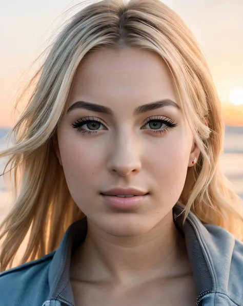 (raw:1.1) photo of (A2trW3tt01:0.99), a woman as a movie star, modelshoot style, looking away, (summer jacket:1.2), outdoor in at (cold beach:1.2), sunset lighting, (golden hour:1.2), (detailed face:1.1),, detailed skin texture, (blush:0.2), (goosebumps:0.3), subsurface scattering, RAW candid cinema, 16mm, color graded portra 400 film, remarkable color, ultra realistic, textured skin, remarkable detailed pupils, realistic dull skin noise, visible skin detail, skin fuzz, dry skin, shot with cinematic camera