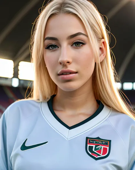 (raw:1.1) photo of (blonde A2trW3tt01:0.99), a woman as a model, modelshoot style, (wearing a oversized soccer_uniform:1.2), (in a soccer stadium:1.1),, detailed skin texture, (blush:0.2), (goosebumps:0.3), subsurface scattering, RAW candid cinema, 16mm, color graded portra 400 film, remarkable color, ultra realistic, textured skin, remarkable detailed pupils, realistic dull skin noise, visible skin detail, skin fuzz, dry skin, shot with cinematic camera