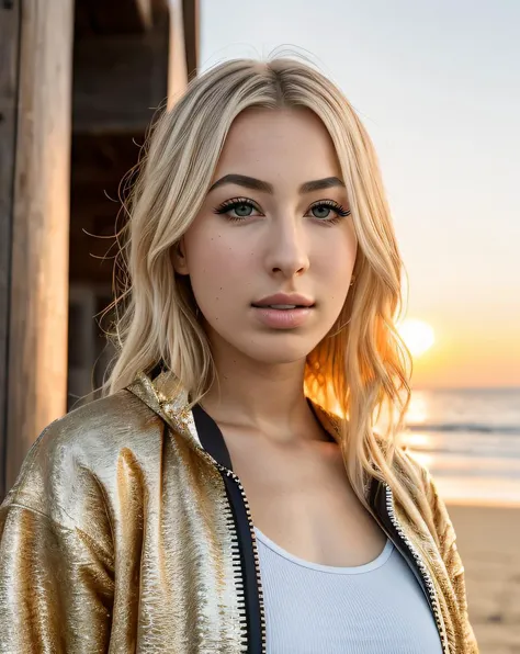 (raw:1.1) photo of (A2trW3tt01:0.99), a woman as a movie star, modelshoot style, looking away, (summer jacket:1.2), outdoor in at (cold beach:1.2), sunset lighting, (golden hour:1.2), (detailed face:1.1),, detailed skin texture, (blush:0.2), (goosebumps:0.3), subsurface scattering, RAW candid cinema, 16mm, color graded portra 400 film, remarkable color, ultra realistic, textured skin, remarkable detailed pupils, realistic dull skin noise, visible skin detail, skin fuzz, dry skin, shot with cinematic camera