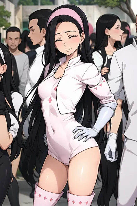 (masterpiece, best quality,ultra detailed),Guila,1girl,headband,long hair,slim,cute,shinny skin,single bangs,bangs,black hair,white outfit,metal glove,jacket,short sleeves,one piece,motif,metal glove,boots),(bare chest,big breasts,earrings,upper body,thigh,sweat,closed eyes,(day,outdoors,streets,crowd,paparazzi),(standing straight) ,<lora:Guila:0.8>