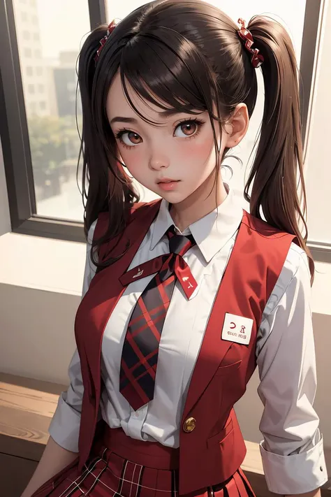 (masterpiece, best quality), 1girl, <lora:CHAR-KonoeHaruka:1> KonoeHaruka, twintails, hair ornament, white shirt, red vest, necktie, plaid skirt
