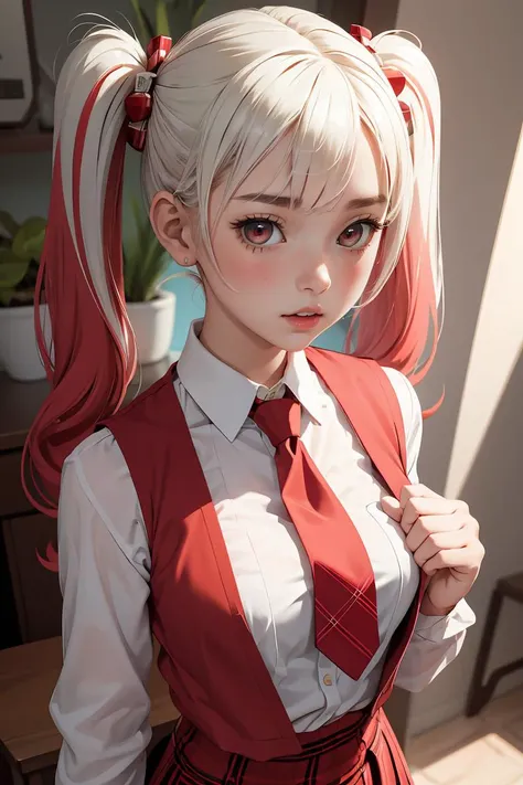 (masterpiece, best quality), 1girl, <lora:CHAR-KonoeHaruka:1> KonoeHaruka, twintails, hair ornament, white shirt, red vest, necktie, plaid skirt