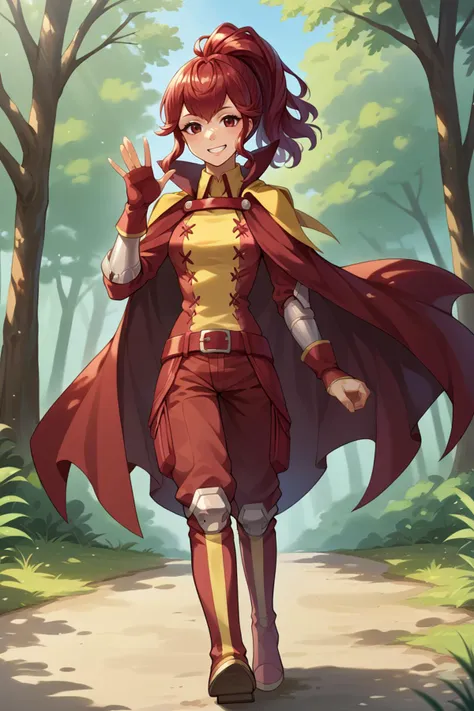 score_9, score_8_up, score_7_up, score_6_up, source_anime BREAK 1girl, solo, <lora:feanna-pdxl-nvwls-v1-000005:1> fe13Anna, red hair, ponytail, red and yellow tunic, maroon cape, belt, fingerless gloves, red pants, boots, walking, waving, looking at you, forest, dappled sunlight, grin