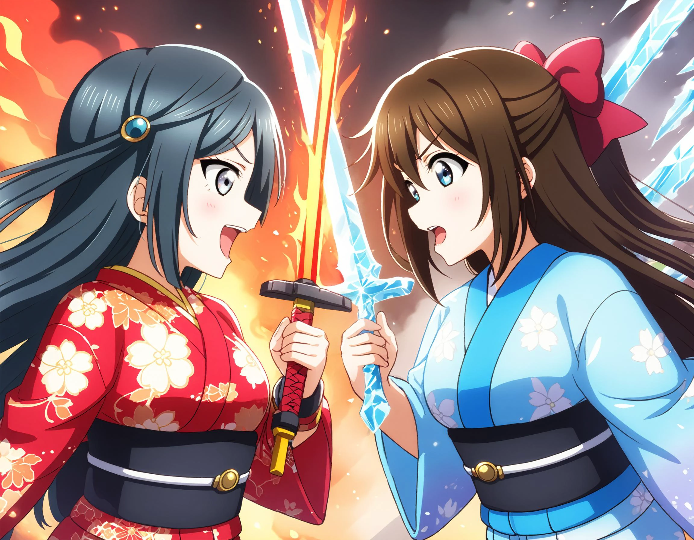 <lora:Koto-Umi-Riko-Shizu-Setsu-LLAS-LyCORIS-AnimagineXLV31:0.45> <lora:XL_Sword_Duel_-_By_HailoKnight:0.4:0.4:lbw=ALL26-OUTS:stop=28>
(2girls, multiple girls, multiple-llas, side-by-side:1.2), (looking at another), upper body,
big pupils, large breasts,
(sword duel:1.8), fighting each other, 1vs1, holding sword, (katana), aura, kimono, floral print, print kimono,
(masterpiece, absurdres, very aesthetic:1.2), perfect anatomy, perfect lighting
ADDCOMM
(setsuna-llas:1.3), black hair, :d, upper teeth only,
(fire sword:1.3), red kimono, (fire, in heat:1.2)
ADDCOL
(shizuku-llas:1.3), brown hair, hair bow, red bow, serious,
(ice sword:1.3), blue kimono, (ice, icing:1.2), fog