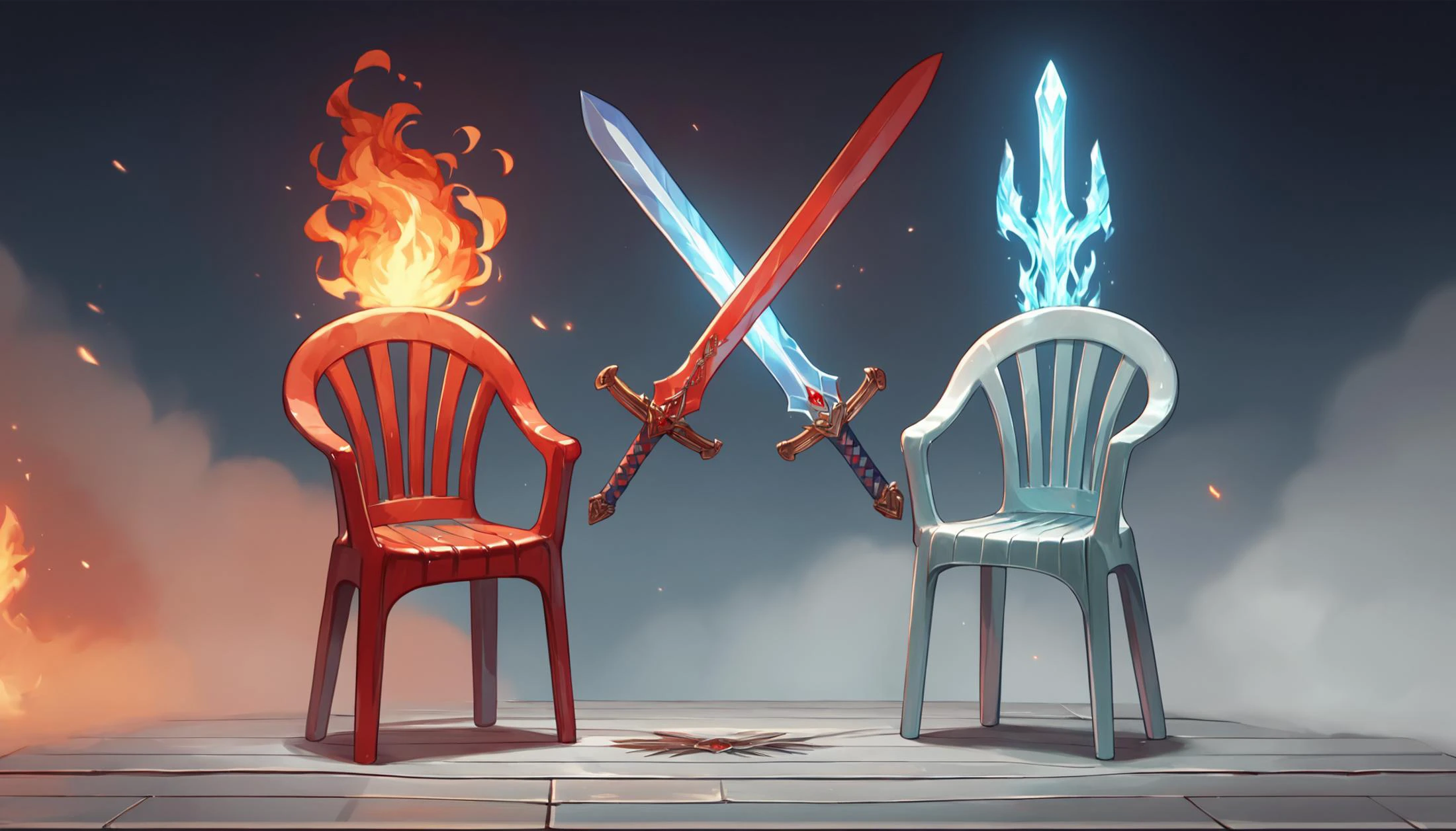 score_9, source_anime, score_8_up, score_7_up, no humans, two plastic chairs, <lora:PlasticChair_XLPD:.8> red plastic chair, floating swords:sword duel:.5, no humans:blue plastic chair:.3, blue:plastic chair:.5 <lora:Pony_Sword_Duel_-_by_HailoKnight:.8> sword duel, fire