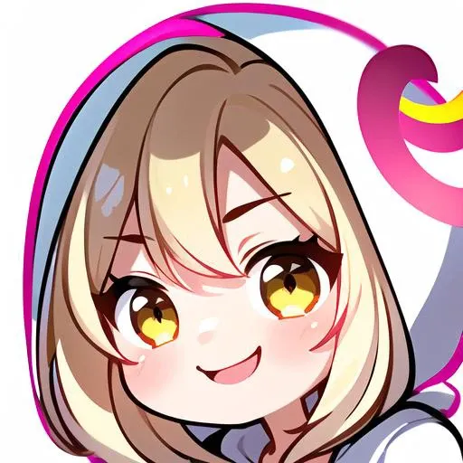 master, chief 1boy, laughing, (twitch emote:1.3), chibi, (light blonde hair:1.7),(light pink|white hoodie:1.3),white sleeves, yellow metal hair pin, yellow eyes, <lora:TwitchEmotes:0.8>, white background, sticker,