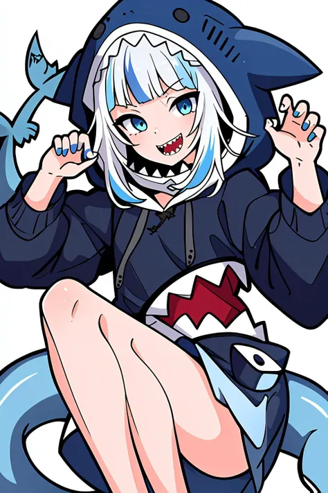 best quality, intricate details,
1girl, white hair, blue eyes, sharp eyes,messy hair, blue highlights, sharp teeth,
blue hoodie, shark teeth design, bare legs, hair ornament,
gawr gura,, <lora:hololiveENGen1_v1:0.8>
twitch emoji,white background, sticker,smile ,cartoon, chibi,<lora:twitchEmotesLORA_v13:0.8>