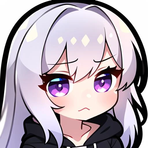 master, chief (twitch emote:1.3), chibi, white long hair, purple hoodie, <lora:TwitchEmotes:0.8>, white background, sticker,