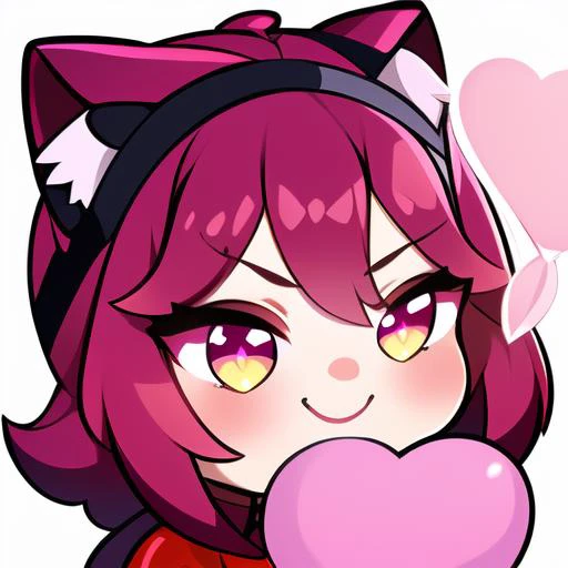 master, chief (twitch emote:1.3), chibi, (Lunaria:1.3), smug face, (holding heart balloon:1.4),  sparkling,   cat ears, (red jacket:1.4),  long red hair, (pink top:1.7), pink shirt, (hole in chest:1.2), big breast, black headband, <lora:TwitchEmotes:0.8>, <lora:Lunaria:0.7>, white background, sticker,