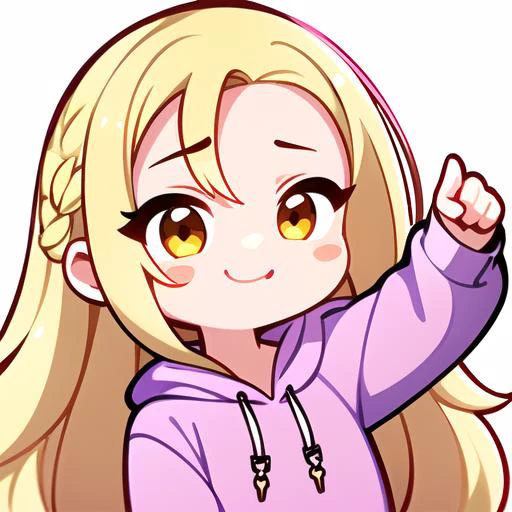 master, chief (twitch emote:1.3), chibi, (white|blonde long hair:1.7),(pink hoodie:1.3), yellow hair pin, <lora:TwitchEmotes:0.8>, white background, sticker,