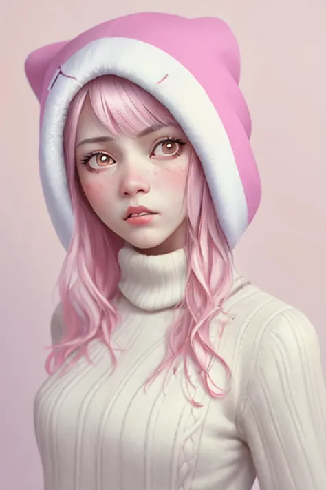Twitch Emote, white background, 1girl, Pink hair, wearing a white beany, white sweater, beige cargo pants, facing viewer, serious, RAW candid cinema, 16mm, color graded portra 400 film, remarkable color, ultra realistic, textured skin, remarkable detailed pupils, realistic dull skin noise, visible skin detail, skin fuzz, dry skin, shot with cinematic camera
