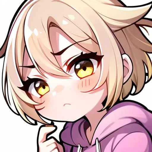 master, chief 1boy, (twitch emote:1.3), chibi, (light blonde hair:1.7),(light pink|white hoodie:1.3),white sleeves, yellow hair pin,  yellow eyes, <lora:TwitchEmotes:0.8>, white background, sticker,