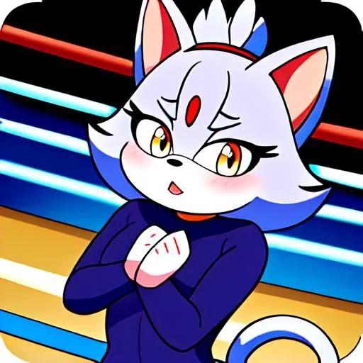 blazecat,<lora:blazeTheCatSonic_v05:0.6>, Beautiful Art Style, 1girl, young woman, looking at viewer, gorgeous, wrestling ring, head down, cat costume, twitch emoji, <lora:twitchEmotesLORA_v13:0.7>
