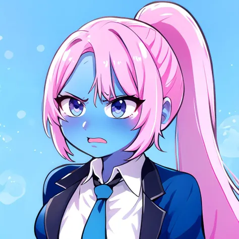 white blouse, loose tie, ponytail <lora:Emotes:0.8> twitch emoji, disgusted, angry, 1woman, (<lyco:Colored Skin:0.7> blue skin:1.2), pink hair, long hair, straight hair, busty, masterpiece, best quality,