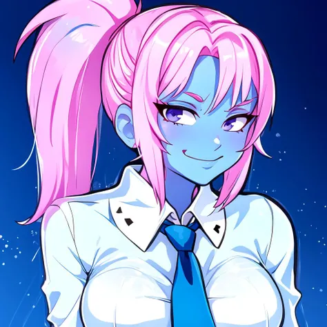 white blouse, loose tie, ponytail <lora:Emotes:0.8> twitch emoji, smug, evil smile, 1woman, (<lyco:Colored Skin:0.7> blue skin:1.2), pink hair, long hair, straight hair, busty, masterpiece, best quality,