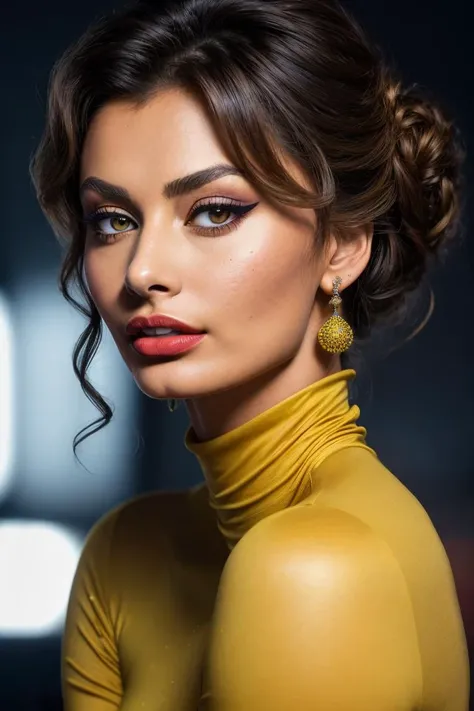 photo of extremely sexy (s0ph1al0ren-140:0.99), a woman as a sexy student, closeup portrait upsweep updo, (yellow tight long sleeve turtleneck top), at a cantina sitting bar (masterpiece:1.5) (photorealistic:1.1) (bokeh) (best quality) (detailed skin texture pores hairs:1.1) (intricate) (8k) (HDR) (wallpaper) (cinematic lighting) (sharp focus), (eyeliner), (painted lips:1.2), (earrings)