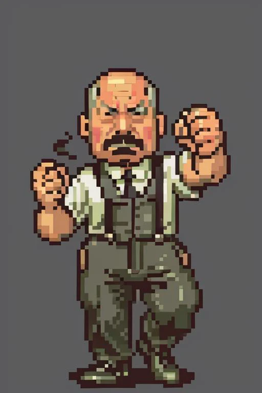 <lora:SNES Earthbound Enemies V11-000008:0.9>,Earthbound_enemy, neutral grey background, pixelart,  old man,  angry, fist in air, suspenders, grey hair, balding, pattern baldness, mustache, highest quality, highest quality visuals, highest details