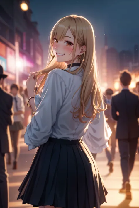 6+boys, bangs, blonde hair, blurry, blurry background, blurry foreground, blush, brown eyes, crowd, depth of field, earrings, focused, grin, hoop earrings, jewelry, long hair, looking at viewer, looking back, multiple boys, multiple girls, night, people, piercing, pleated skirt, school uniform, skirt, smile, solo focus