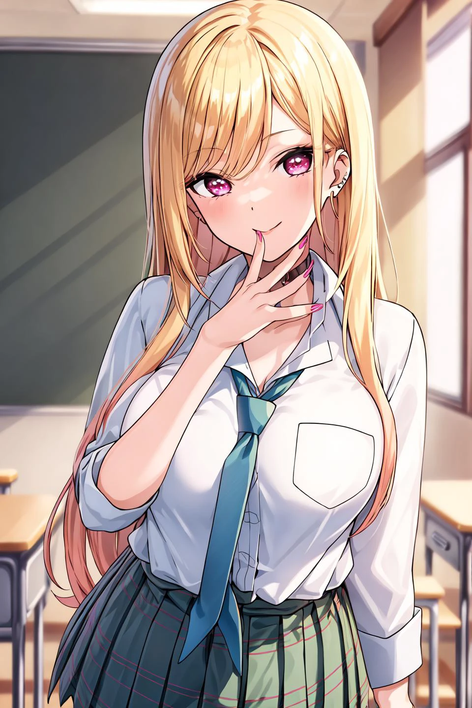 (masterpiece, best quality, unity 8k wallpaper, highres), ambient light, (ultra-super-beautiful-detailed hair face kind-eyes skin, very slender:1.5, perfect arm and hands, perfect anatomy), BREAK
solo, 1girl, <lora:MarinKitagawaV2:0.7>, <lora:more_details:0.3>, sagging breasts, Marin Kitagawa, school uniform, plaid skirt, black choker, pink fingernails, earrings, green bead bracelet, BREAK
classroom, (cowboy shot)