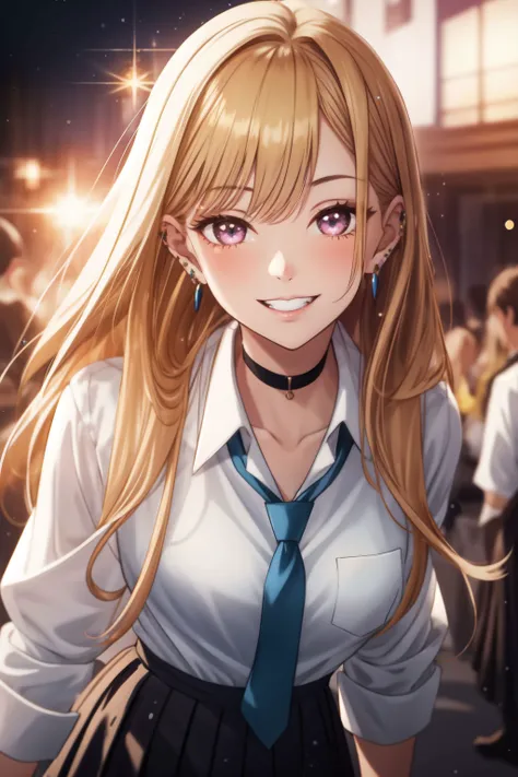 1girl, bangs, black choker, black skirt, blonde hair, blue necktie, blurry, blurry background, blurry foreground, blush, breasts, choker, collarbone, cross earrings, depth of field, ear piercing, earrings, glint, grin, heart earrings, hoop earrings, jewelry, long hair, looking at viewer, necktie, piercing, pleated skirt, purple eyes, school uniform, shirt, skirt, sleeves rolled up, smile, solo focus, sparkle, star earrings, white shirt