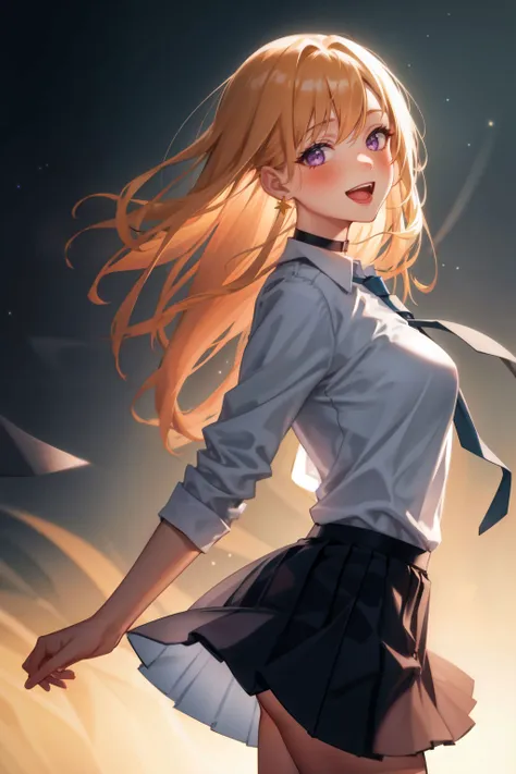 1girl, :d, bangs, black choker, black necktie, black skirt, blush, breasts, purple eyes, choker, cowboy shot, earrings, floating hair, jewelry, long hair, long sleeves, looking at viewer, medium breasts, necktie, open mouth, pleated skirt, school uniform, shirt, skirt, smile, solo, star \(sky\), starry sky, sunset, white shirt