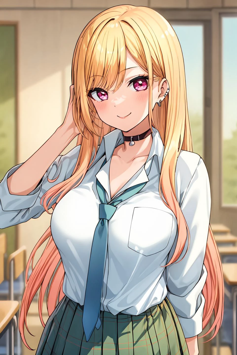 (masterpiece, best quality, unity 8k wallpaper, highres), ambient light, (ultra-super-beautiful-detailed hair face kind-eyes skin, very slender:1.5, perfect arm and hands, perfect anatomy), BREAK
solo, 1girl, <lora:MarinKitagawaV2:0.7>, <lora:more_details:0.3>, sagging breasts, Marin Kitagawa, school uniform, plaid skirt, black choker, pink fingernails, earrings, green bead bracelet, BREAK
classroom, (cowboy shot)