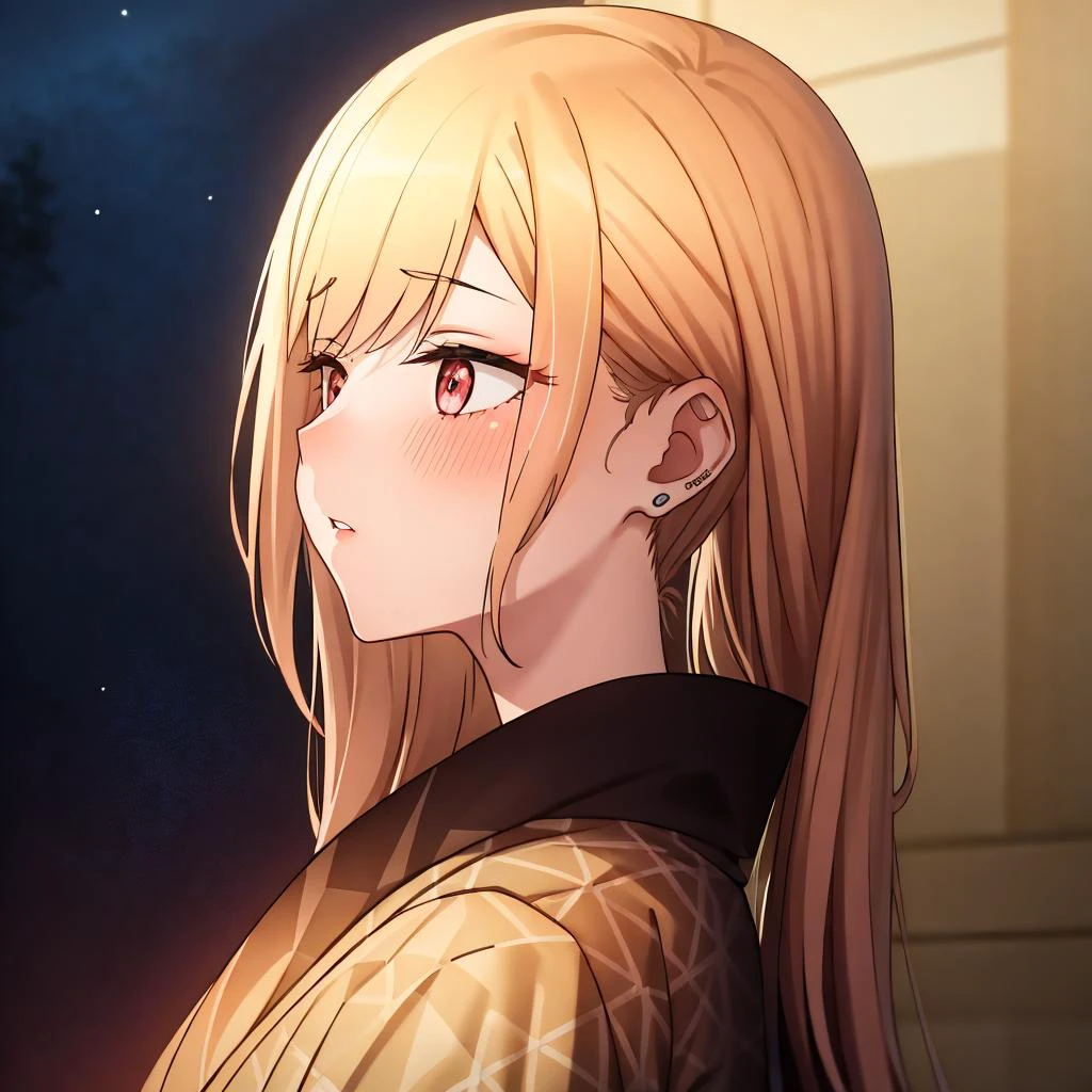 ((extreme detail)),(ultra-detailed), extremely detailed CG unity 8k wallpaper, <lora:MarinKitagawa:0.7>marin kitagawa, parted lips, updo, kimono, head turn, looking away, from side, upper body, night sky, stars, blush,