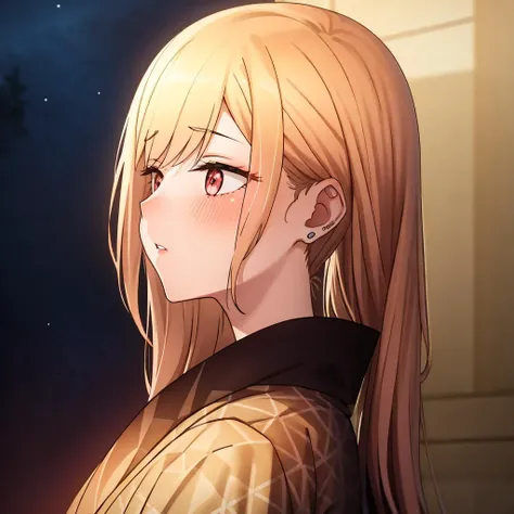 ((extreme detail)),(ultra-detailed), extremely detailed CG unity 8k wallpaper,  <lora:MarinKitagawa:0.7>marin kitagawa, parted lips, updo, kimono, head turn, looking away, from side, upper body, night sky, stars, blush,