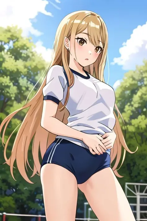 (gym uniform:1.3), green bloomer, solo,
(from front:1.1), small breast,
Marin Kitagawa,, blonde hair, (brown eyes:1.7), long hair,
at park,