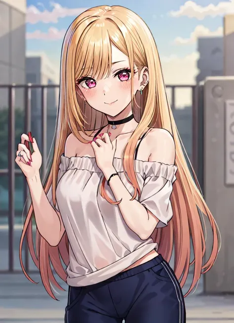 ((best quality)), ((highly detailed)), , (1girl), (solo), dynamic pose, cowboy shot, wide shot, <lora:hairdetailer:.5>, <lora:MarinKitagawaV2:.7>, Marin Kitagawa, long hair, blonde hair, multicolored hair, pink eyes, fake nails, pink nails, string choker, off-shoulder shirt, (outside, <lora:school_outdoors_v0.2:1>, at a school, building, gate, fence, sunset, cloudy)