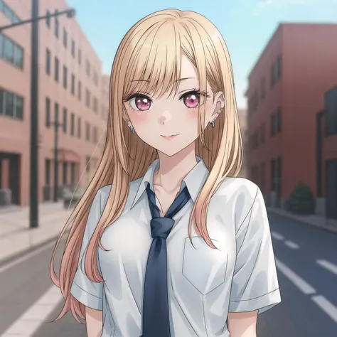 1girl, solo, masterpiece, ultra detailed, <lora:more_details:0.7>, head focus, ear piercing, earrings, kitagawa marin, blonde hair, pink eyes, medium breasts, <lora:MarinKitagawa:0.8> ,Marin Kitagawa, scenery, school uniform,