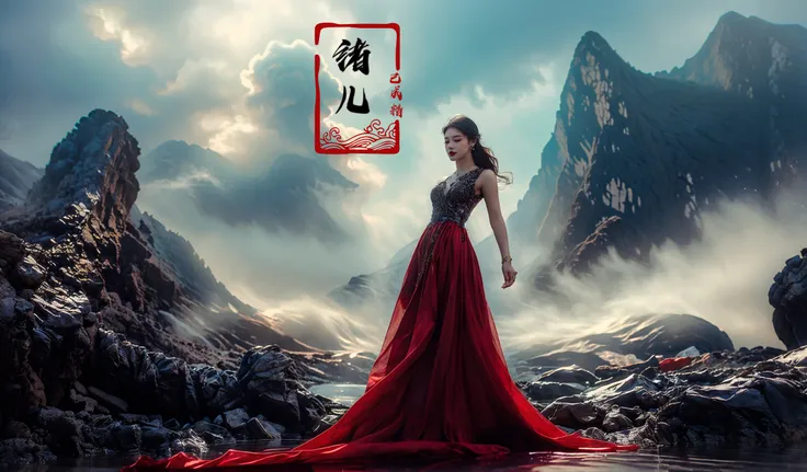 ultra high resolution, ((masterpiece))), (((best quality))), ((super detailed)),  ((extremely delicate and beautiful)),cinematic light, detailed environment(real),0(wide shot, wide-angle lens,Panoramic:1.2),super vista, super wide AngleLow Angle shooting, super wide lens, Dynamic Angle, Perspective, High Point,pov (from below:1.6),
(8k, RAW photo, best quality, masterpiece:1.2), (realistic, photo-realistic:1.37), extremely detailed, photography,  Amazing, finely detailed, best quality, ultra high res,
xuer Habitat island, 1girl, jewelry, long hair, solo, earrings, water, brown hair, outdoors, mountain, dress, blurry, cloud, rock, necklace, see-through, sky, closed eyes, skirt, realistic, red skirt, long skirt, standing,
A mature facesmile, (eyeshadow,eyeliner:0.9),(red lips:1.1),watery eyes,(full body:1.5),medium breasts,
<lora:~Q?-h\\\ xuer Habitat island:1>