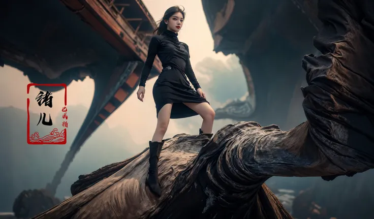 ultra high resolution, ((masterpiece))), (((best quality))), ((super detailed)),  ((extremely delicate and beautiful)),cinematic light, detailed environment(real),0(wide shot, wide-angle lens,Panoramic:1.2),super vista, super wide AngleLow Angle shooting, super wide lens, Dynamic Angle, Perspective,  (from below:1.5),
(8k, RAW photo, best quality, masterpiece:1.2), (realistic, photo-realistic:1.37), extremely detailed, photography,  Amazing, finely detailed, best quality, ultra high res,
xuer Habitat island, 1girl, solo, (A sleek black turtleneck dress:1.4),
A mature facesmile, (eyeshadow,eyeliner:0.9),(red lips:1.1),watery eyes,(full body:1.5),medium breasts, (pale skin, real_skin), (Milky skin:1.2), (shiny skin:1.4)
<lora:~Q?-h\\\ xuer Habitat island:0.8>