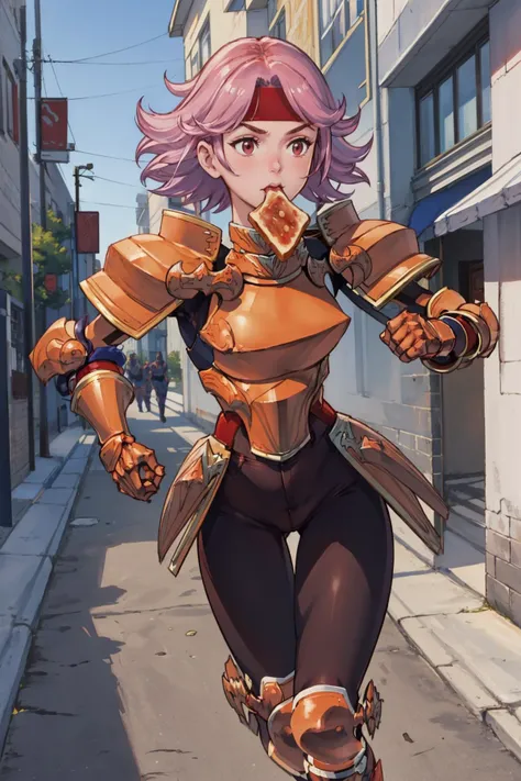 masterpiece, best quality, gwendolyn, headband, armor, headband, breastplate, pants, gloves, pauldrons, gauntlets, shoulder armor, running, toast in mouth, city street, furrowed brow <lora:gwendolynV2.1:1> <lora:toast-nvwls-v1:1>
