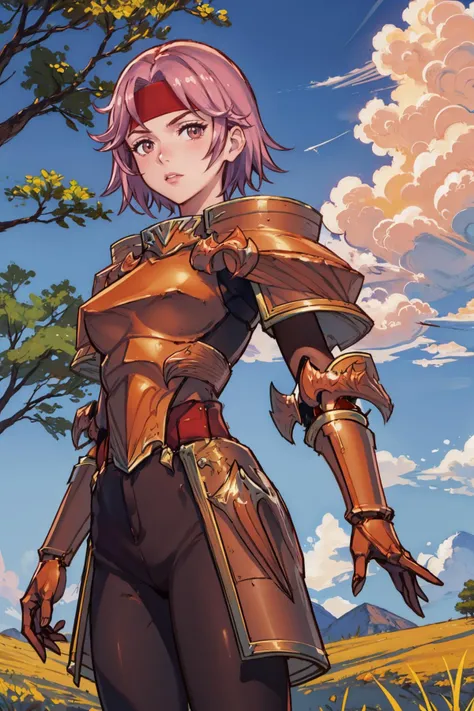 masterpiece, best quality, gwendolyn, armor, headband, breastplate, pants, gloves, pauldrons, gauntlets, shoulder armor, serious, looking at viewer, field, clouds, tree, cowboy shot <lora:gwendolynV2.1:1>