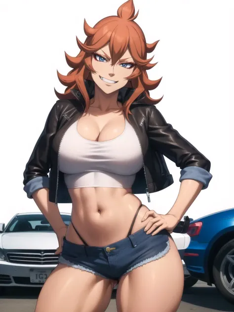 best quality best quality <lyco:Mereoleona_v1.0:0.9> mereoleona fang, 1girl, solo, looking at viewer, head tilt, smirk, hand on hip, standing, contrapposto, large breasts, black cropped leather jacket, denim shorts cutoffs, white tank top, midriff, (highleg panties, g-string thong), thick thighs, (garage background:1.3)