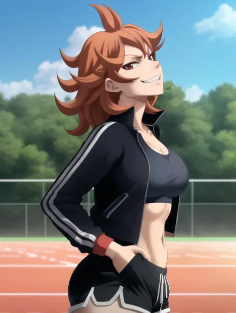 <lyco:Mereoleona_v1.0:0.9>  mereoleona, fang upper body black track suit (open jacket:1.2) gym shorts (short shorts:1.2) sports bra (from side:1.3) looking at viewer (looking up head tilt) doyagao smug hands in pockets parted lips teeth midriff large breasts, (abs:0.5), navel outdoors day track and field, best quality