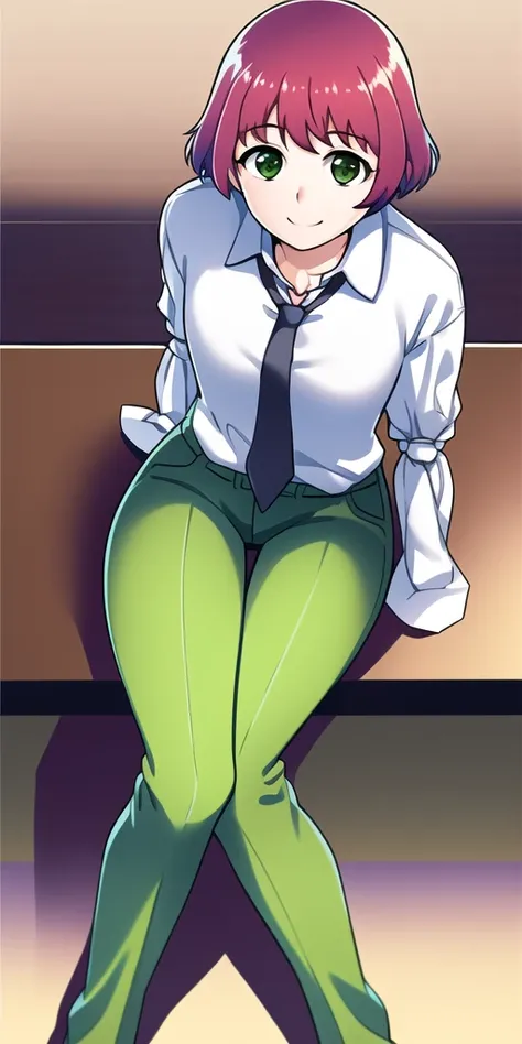 realistic, high quality, <lora:steampunkengis_katawashoujo_rintezuka:1>, 1girl, solo, no arms, two legs, green eyes, red hair, smile, sitting, green pants, white shirt, necktie looking at viewer, (armless amputee:1.2),