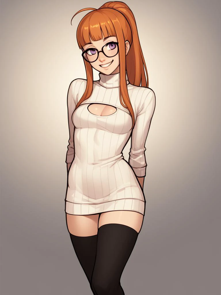score_9, score_8_up, score_7_up, score_6_up, score_5_up, score_4_up, illustration,
1girl, adult, abstract background, cowboy shot, dark lighting,
in love, happy, confident, naughty face, seductive,
<lora:futaba-sakura-ponyxl-lora-nochekaiser:1> futaba sakura, orange hair, ponytail, blunt bangs, purple eyes, ahoge, glasses,
thighhighs, cleavage cutout, turtleneck sweater, turtleneck dress,
<lora:mrpotatoparty-guy-PONYv101:0.8>