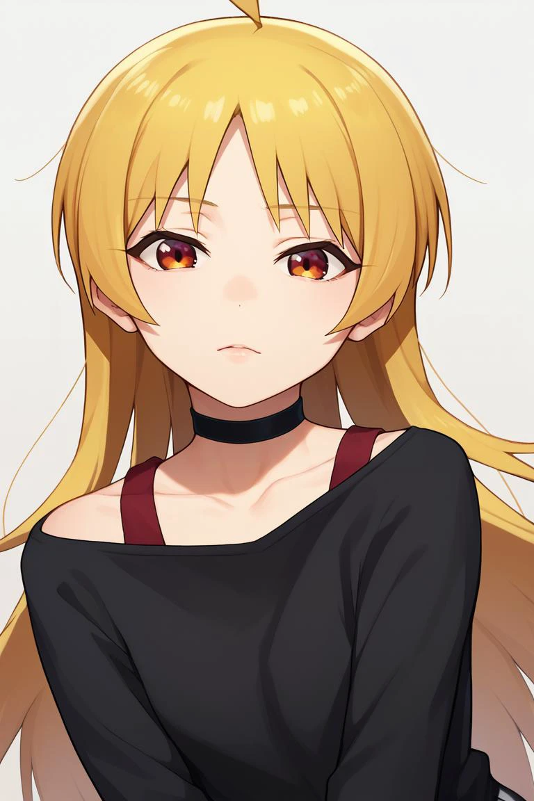 score_9, score_8_up, score_7_up, BREAK, 1girl, solo, simple background, looking at viewer, <lora:mrpotatoparty-guy-PONYv101:1>, <lora:bocchi_seikaijichi_ponyXL:0.9> ijichi seika, ahoge, black shirt, vertical-striped pants, choker, collarbone