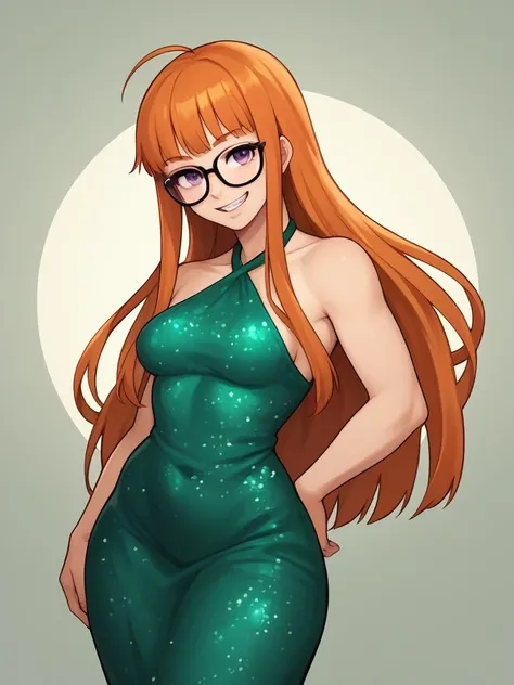 score_9, score_8_up, score_7_up, score_6_up, score_5_up, score_4_up, illustration,
1girl, adult, abstract background, cowboy shot, dark lighting,
thick thighs, wide hips, wide waist, small breasts, in love, happy, confident, naughty face, seductive,
<lora:futaba-sakura-ponyxl-lora-nochekaiser:1> futaba sakura, orange hair, long hair, purple eyes, ahoge, glasses,
halterneck, dark-green dress, sparkling dress, glitter dress, long dress,
<lora:mrpotatoparty-guy-PONYv101:0.8>