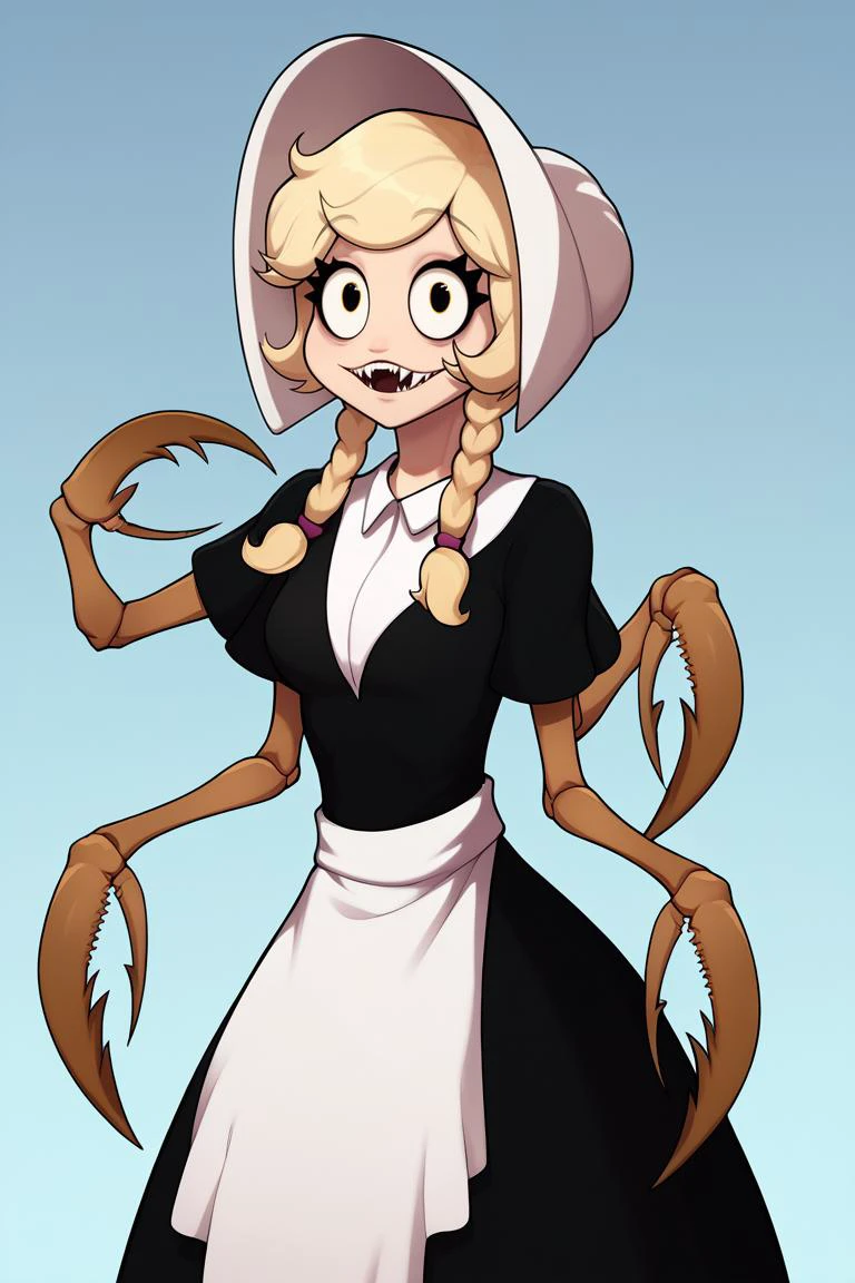 score_9, score_8_up, score_7_up, BREAK, 1girl, solo, simple background, looking at viewer, <lora:mrpotatoparty-guy-PONYv101:1>, <lora:cliffside_cordie_ponyXL:0.9> cliffsidecordie, arthropod girl, spider girl, extra arms, sharp teeth, twin braids, bonnet, black dress, short sleeves, white apron
