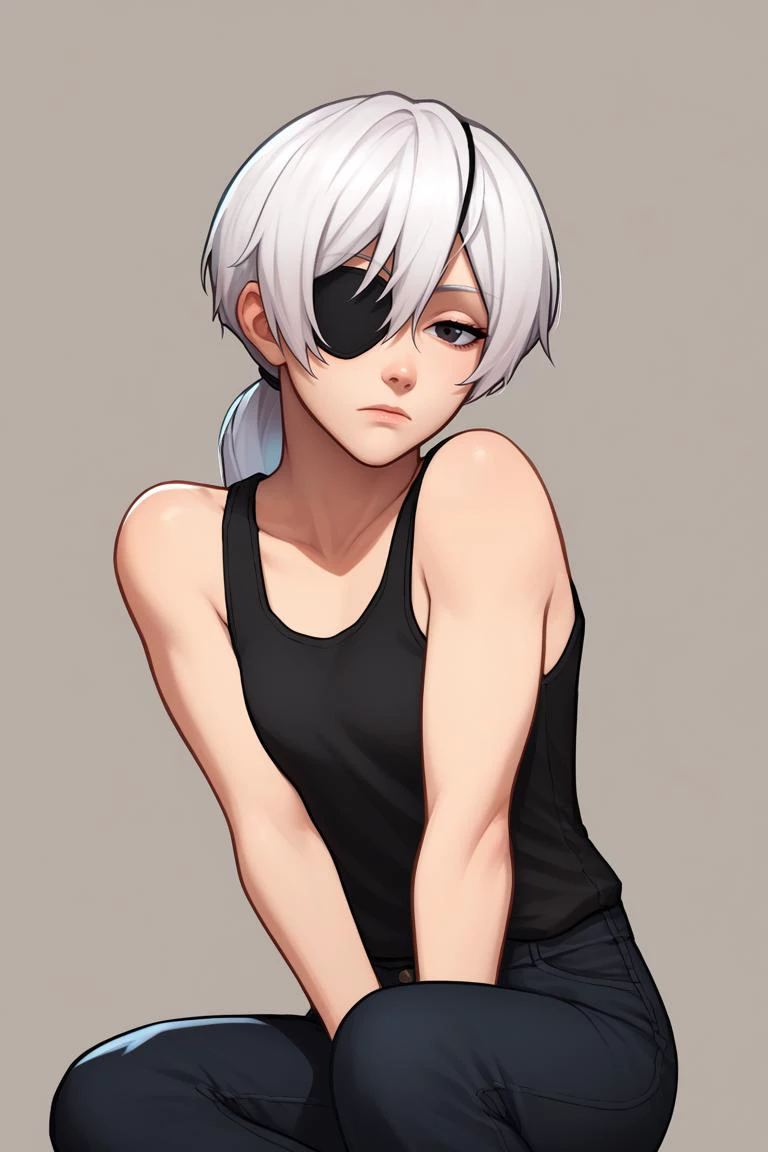 score_9, score_8_up, score_7_up, BREAK, 1girl, solo, simple background, looking at viewer, <lora:mrpotatoparty-guy-PONYv101:1>, <lora:csm_quanxi_ponyXL:0.9> csmquanxi, white hair, ponytail, black eyes, eyepatch, black tank top, black pants, bare shoulders